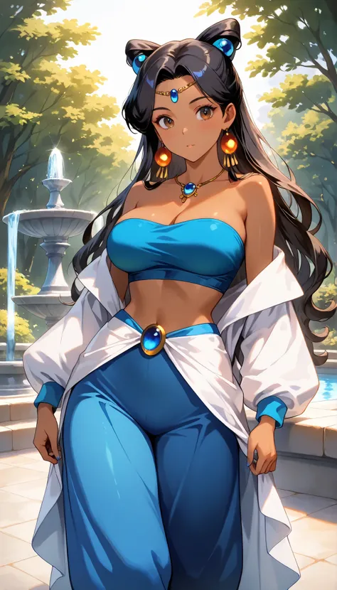 high resolution, High precision in selection, 1girl, jasmine, Dark skin, black hair, brown eyes, blue tube top, off shoulder, blue ring , blue harem pants, Multiple Knot Hair , very large breasts (F90), Standing sensually, looking shyly at the observer, Or...