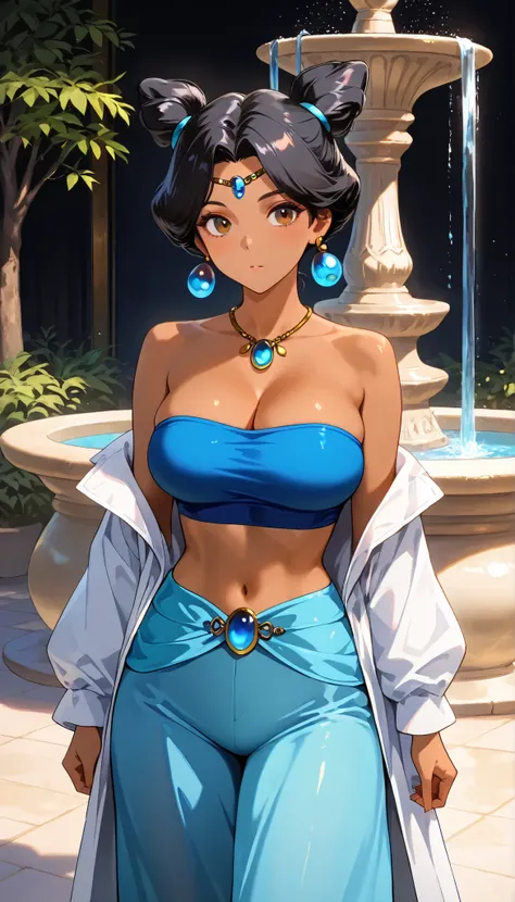 high resolution, High precision in selection, 1girl, jasmine, Dark skin, black hair, brown eyes, blue tube top, off shoulder, blue ring , blue harem pants, Multiple Knot Hair , very large breasts (F90), Standing sensually, looking shyly at the observer, Or...