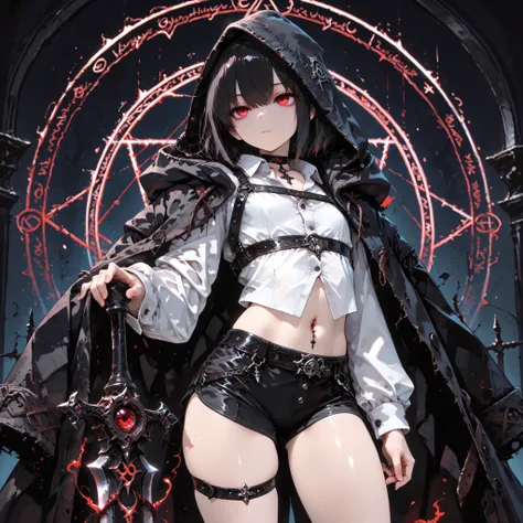 ((best quality)), ((masterpieces)), (detailed), perfect face, SOLO, ((((femboy)))), tomgirl, ANIME, beautiful detailed eyes, BOB hair, BOBed hair, BLACK hair, RED EYES, expressionless, hooded, Magical Eyes, dark background, ((BLACK HOODED coat draped over ...