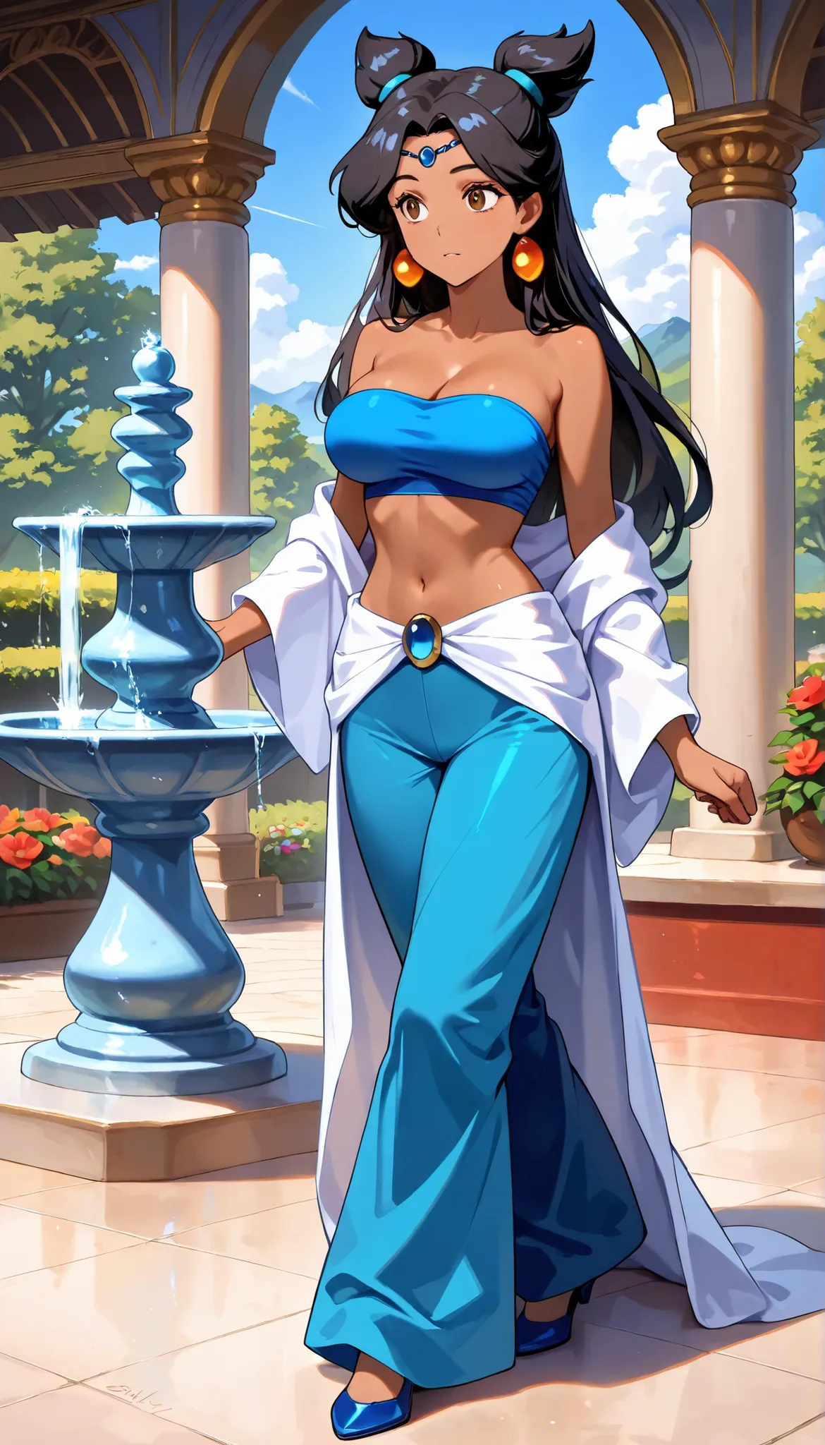 high resolution, High precision in selection, 1girl, jasmine, Dark skin, black hair, brown eyes, blue tube top, off shoulder, blue ring , blue harem pants, Multiple Knot Hair , very large breasts (F90), Standing sensually, looking shyly at the observer, Or...