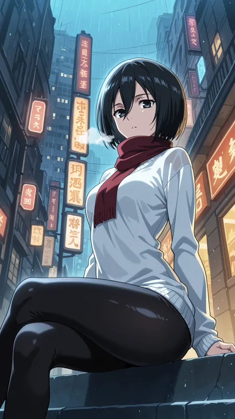 BREAK (masterpiece:1.2), best quality, high resolution, unity 8k wallpaper, (illustration:0.8), (beautiful detailed eyes:1.6),Tokyo backstreets at dusk, steel-blue winter sky fading behind neon-lit buildings, electric signs glowing with sapphire and amethy...