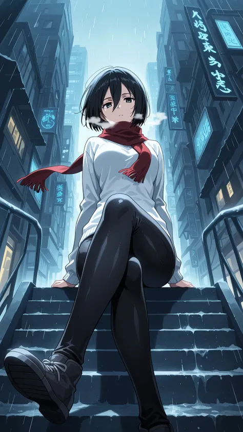 BREAK (masterpiece:1.2), best quality, high resolution, unity 8k wallpaper, (illustration:0.8), (beautiful detailed eyes:1.6),Tokyo backstreets at dusk, steel-blue winter sky fading behind neon-lit buildings, electric signs glowing with sapphire and amethy...