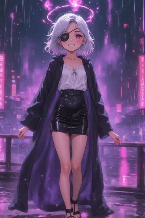 Beautiful smiling  young Asian woman with no hair, completely bald, she wears an eyepatch, wearing a tight, low-cut robe-style blouse, tight black leather miniskirt, wearing high-heeled flip-flop sandals, she is in the spirit world dreamscape