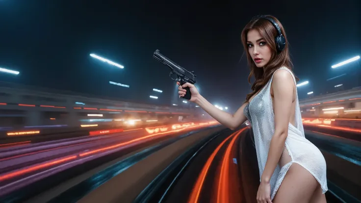 (high view. a vibrant sci-fi image depicting warp speed, with dynamic streams of purple and blue light bursting outward, creating an energetic and immersive 4K Ultra HD abstract curve background, 1drone, neon lights), rainy night. (1girl, solo, large-breas...