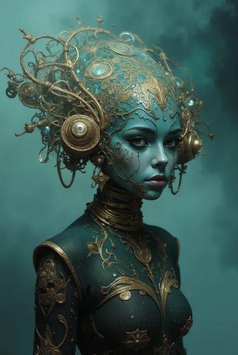 Ethereal minimalist alien cybergoth fashion pictorial photography, HEIC format, fog background in the style of teal and gold ,  uso di spatole , ritratto a vita, intricato, sharp _fuoco,  dungeons _arte ,  zentangle, high details, high definition .