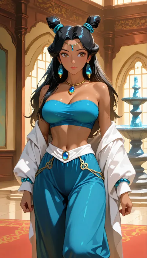 high resolution, High precision in selection, 1girl, jasmine, Dark skin, black hair, brown eyes, blue tube top, off shoulder, blue ring , blue harem pants, Multiple Knot Hair , very large breasts (F90), Standing sensually, looking shyly at the observer, Or...
