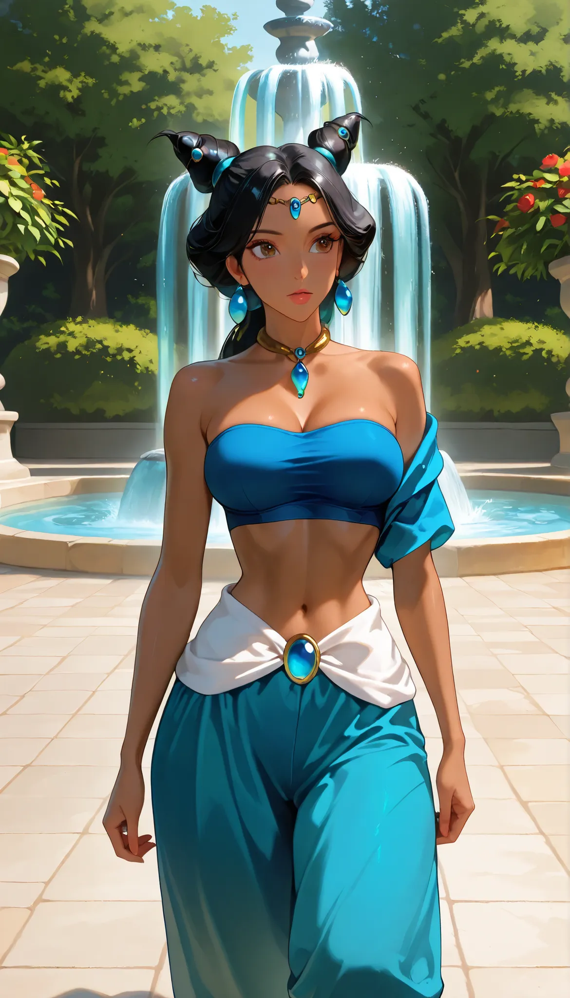 high resolution, High precision in selection, 1girl, jasmine, Dark skin, black hair, brown eyes, blue tube top, off shoulder, blue ring , blue harem pants, Multiple Knot Hair , very large breasts (F90), Standing sensually, looking shyly at the observer, Or...