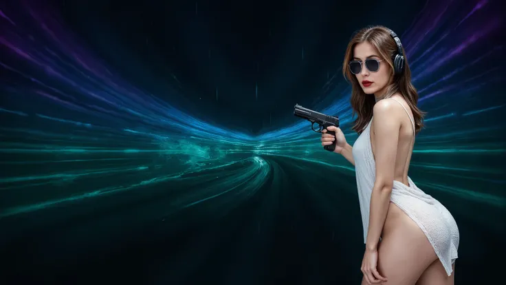 (high view. a vibrant sci-fi image depicting warp speed, with dynamic streams of purple and blue light bursting outward, creating an energetic and immersive 4K Ultra HD abstract curve background, 1drone, neon lights), rainy night. (1girl, solo, large-breas...