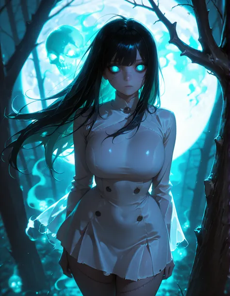 Masterpiece, best quality, Solo, 1Girl, very beautiful girl, big breasts, huge breast, full of wounds, full of stitches, injured, ghost woman, long straight black hair, eerie wide eyes, expressionless face, wearing a long white dress, standing on a tree br...