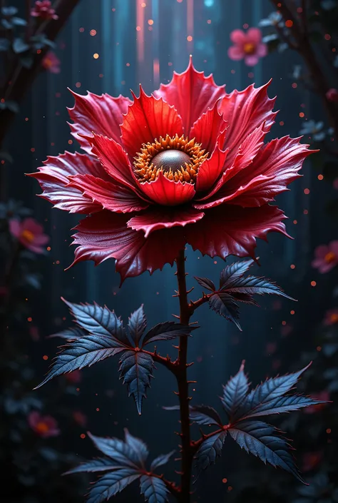 s1x, A beautiful Flower with Golden Thorns and a Metallic Component, Painted and Set with Black Red Leaves, stands under the light of a dark night with the fog of a beautiful patterned window, a masterpiece, Best quality, is focused High detail, clearly,  ...