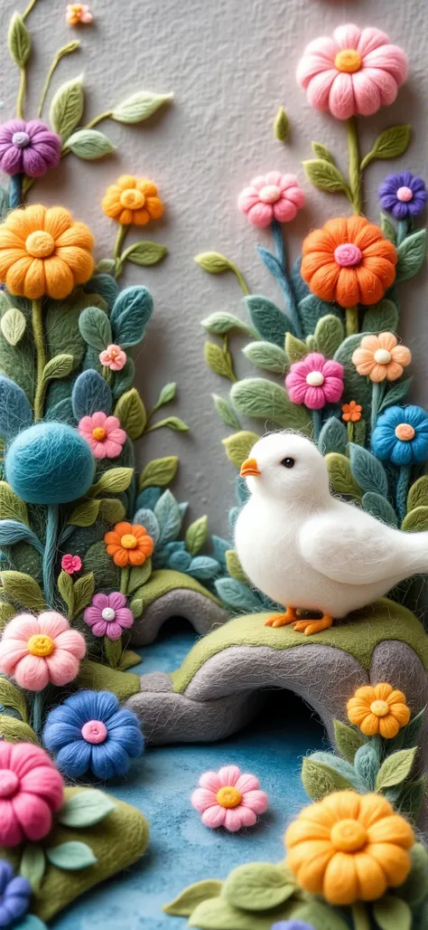delicate felt painting: garden, colorful flowers, Small pond, 1 white dove
