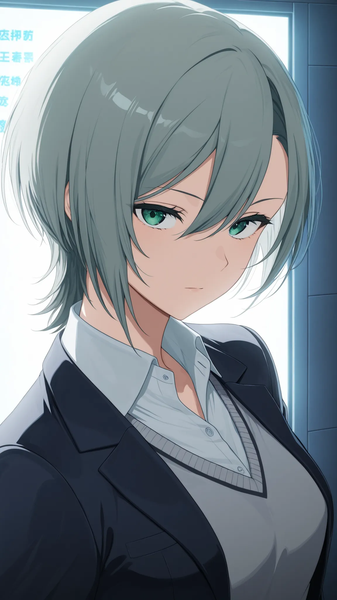 yukishiro mari,SCHOOLGIRL STRIKERS
High quality ,  best quality , masterpiece,  High Resolution , anatomically correct,screencap,anime coloring
1girl, Cool woman,adult,
, gray green hair(Controlnet ),green eyes , asymmetrical bangs , hair between eyes ,sho...
