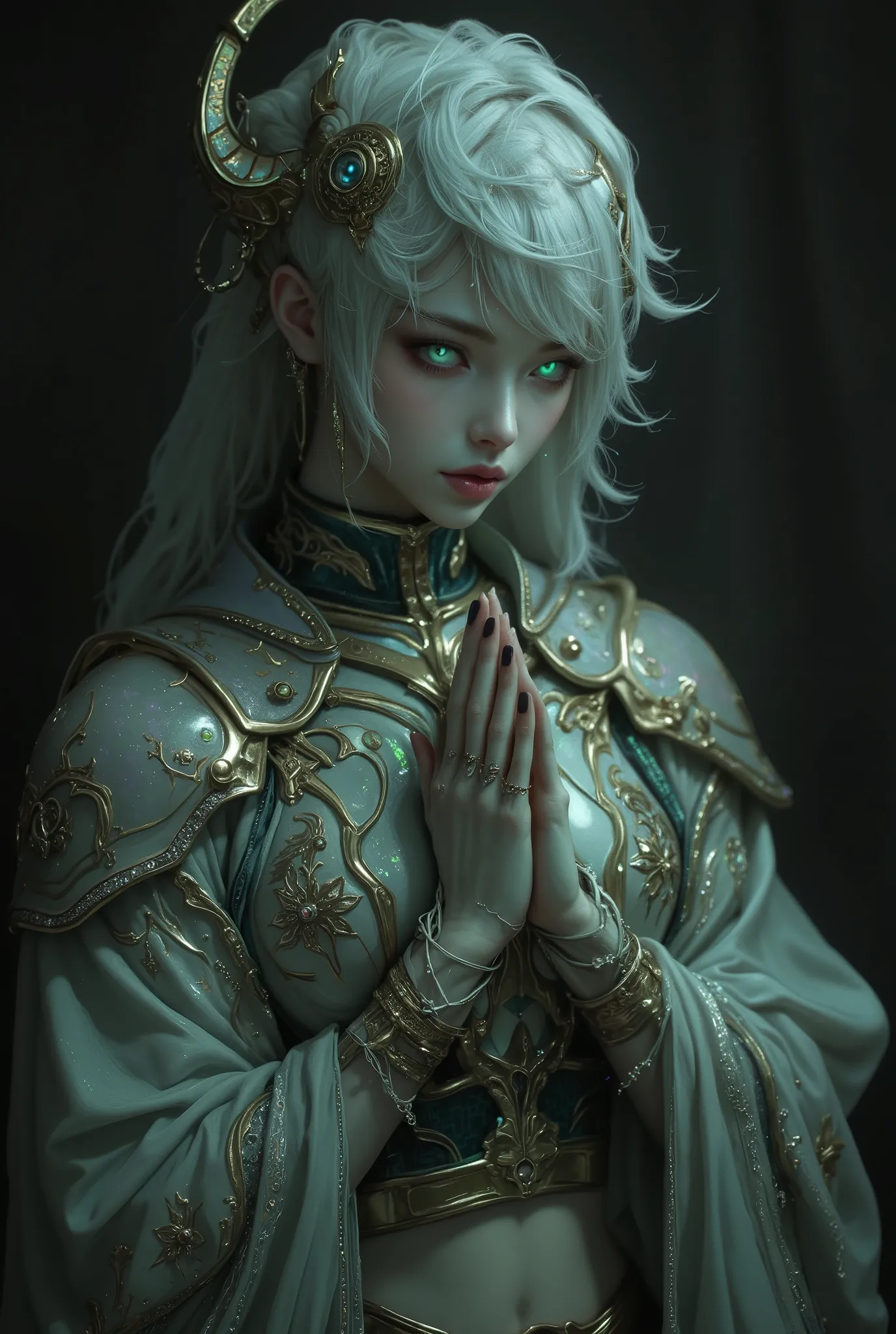 mysterious and beautiful female humanoid creature with glowing green eyes embedded in its iridescent armor, her hands are clasped together as if in prayer, elegant futuristic kimono with gold accents, monochrome color scheme, dramatic studio lighting, ultr...