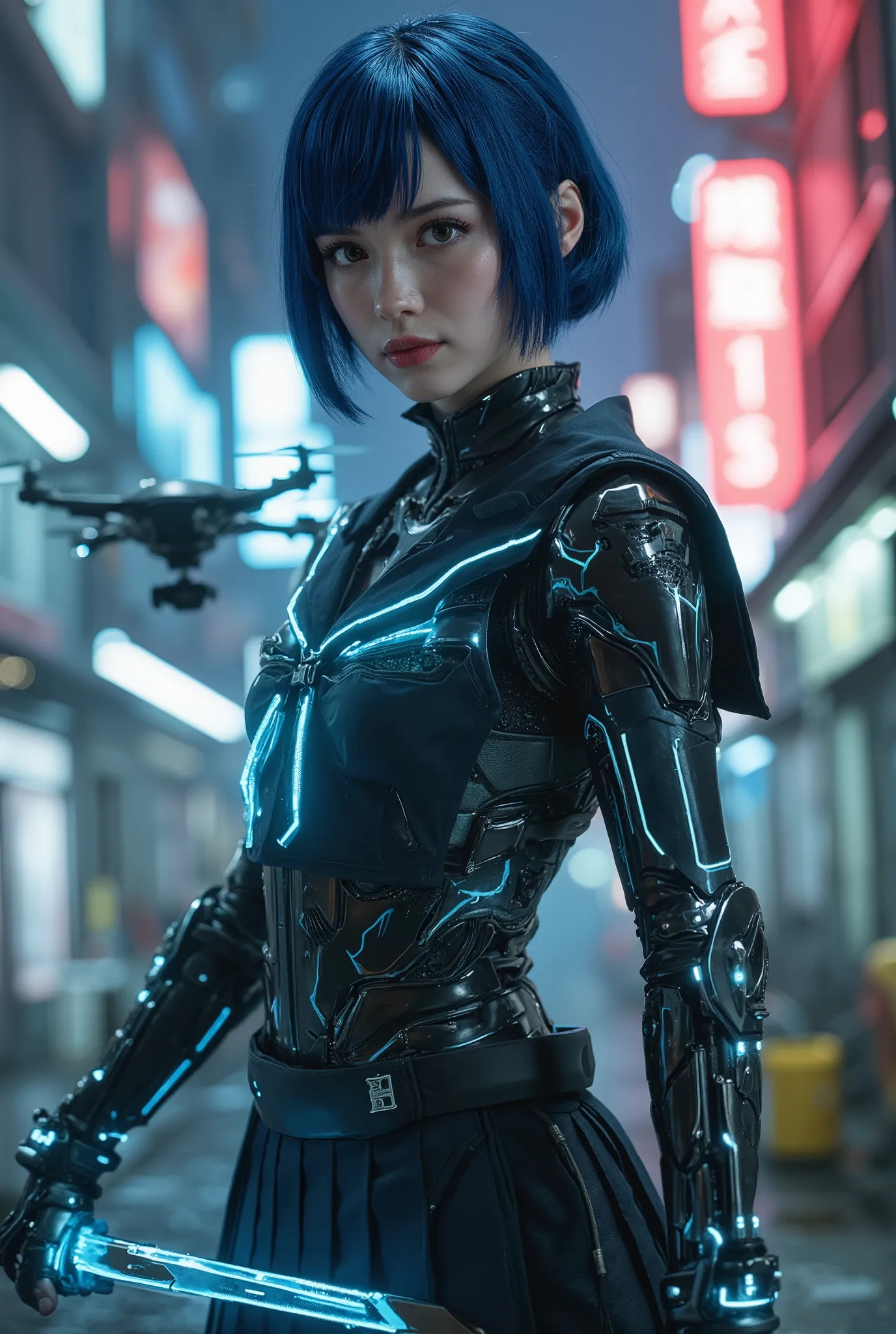 (best quality, 4k, highres, masterpiece:1.2) , ultra-detailed, (realistic, photorealistic:1.37), futuristic Japanese high school girl, cyberpunk armor enhanced sailor uniform, black and neon blue color scheme, short glowing hair, cybernetic arms, energy ka...