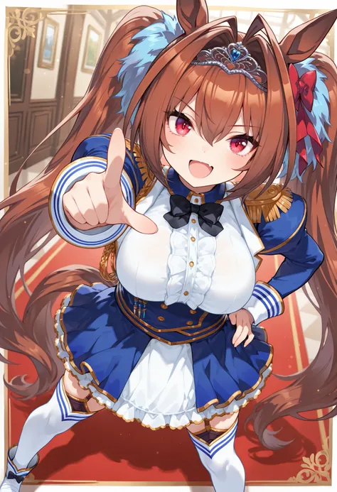masterpiece,perfect anatomy,high resolution, ultra-detailed,beautiful detailed eyes,dutch angle,absurdres,daiwa scarlet \(umamusume\) 1girl, horse ears, animal ears, hair intakes, horse girl, twintails, horse tail, brown hair, solo, tiara, large breasts, v...