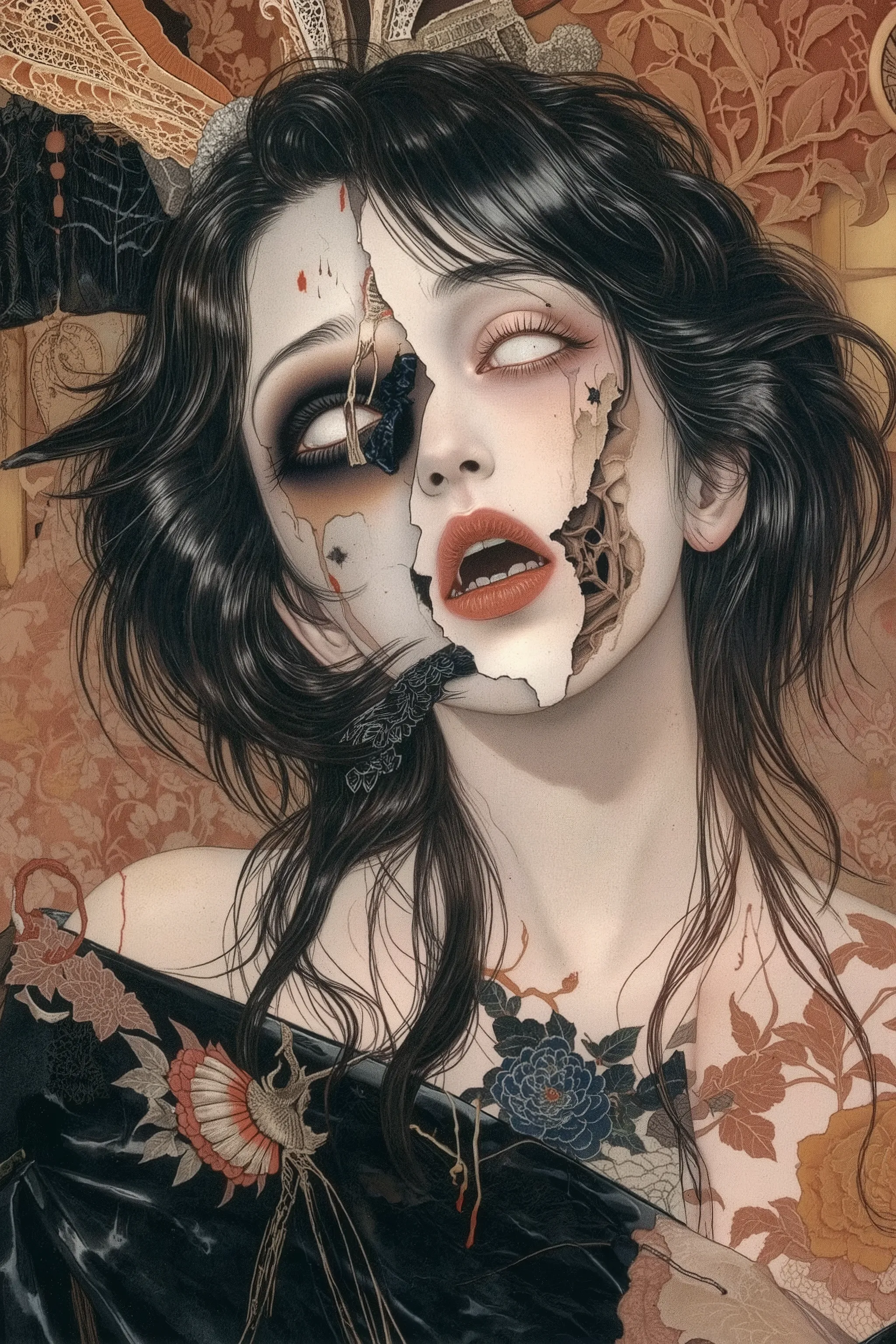 half beautiful face,half decay zombie face,very messy hair,japanese woman,black hair,sadako,japanese horror,ghost,beautiful and scary,Look up from below,cursed,oiran,japanese old well,in old japanese,horror,nihonga,Depressive Black,shigerusudo illustration...