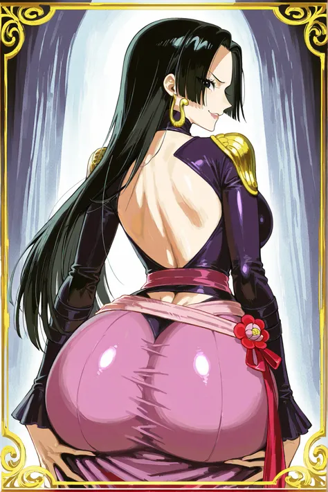 Portray Boa Hancock, a character from One Piece, with her striking features and captivating personality. She has long, flowing black hair that cascades down her back, glossy and elegant, often adorned with a subtle red flower on the side, complementing her...