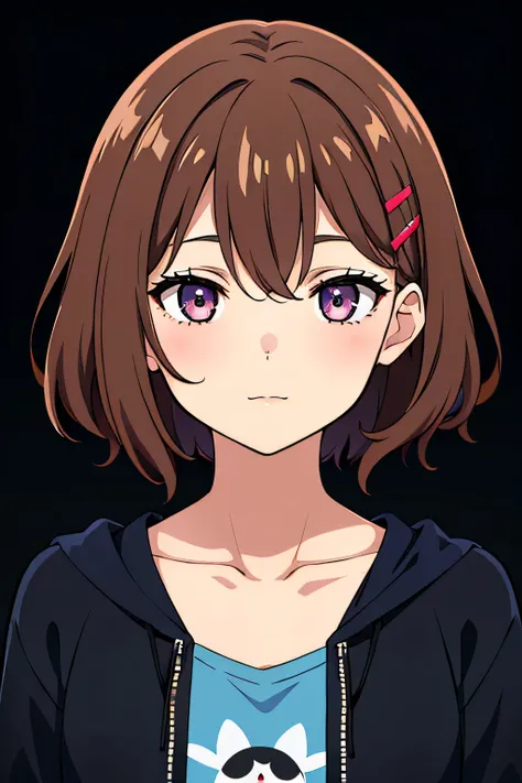 (high-quality, breathtaking),(expressive eyes, perfect face) 1girl, female, solo, young adult, brown hair color, pink eye color, soft wavy curley hair, short hair length, elegant, relaxed, calm expression, black hooded jacket, dark blue shirt, modern cloth...