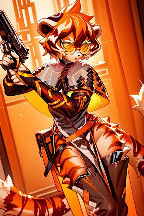 waaifu_arknights furry female, tiger ears, orange hair, tiger girl, short hair, multicolored fur, tiger tail, orange-tinted eyewear, pelvic curtain, pants, white capelet,waaifu_arknights, 1girl, animal ears, furry female, furry, tiger ears,waaifu_arknights,furry female, tiger ears, orange hair, tiger girl, short hair, multicolored fur, tiger tail, orange-tinted eyewear, pelvic curtain, pants, white capelet,war zone, using gun,gun shutting,