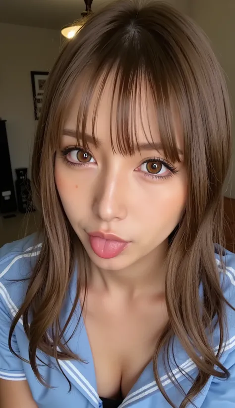 tilt your head back、Woman raising her chin, Please open your mouth slightly and stick out your tongue slightly, smile, shot from above, bedRoom, Ultra Fine, super high resolution, masterpiece, (saliva dripping out of your mouth:1.3), (semen on face:1.3),(3...