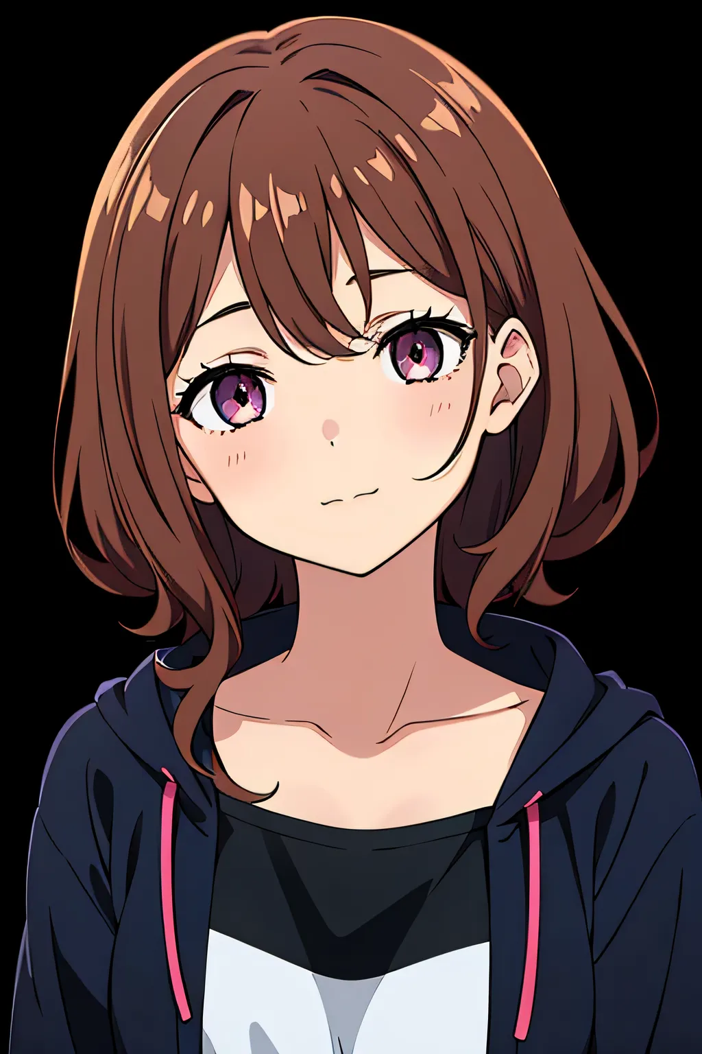 (high-quality, breathtaking),(expressive eyes, perfect face) 1girl, female, solo, young adult, brown hair color, pink eye color, soft wavy curley hair, medium hair length, elegant, relaxed, calm expression, black hooded jacket, dark blue shirt, modern clot...