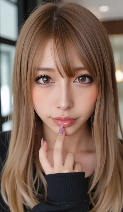 tilt your head back、Woman raising her chin, Open your mouth a little and you can see your tongue, smile, shot from above, bedRoom, Ultra Fine, super high resolution, masterpiece, (saliva dripping out of your mouth:1.3), Light Brown Hair,Bulma,score_9,score...