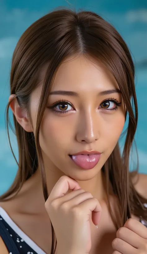 tilt your head back、Woman raising her chin, open your mouth slightly, smile, shot from above, bedRoom, Ultra Fine, super high resolution, masterpiece, (saliva dripping out of your mouth:1.3), Light Brown Hair,Bulma,score_9,score_8_ up,score_7_ up,  Super D...
