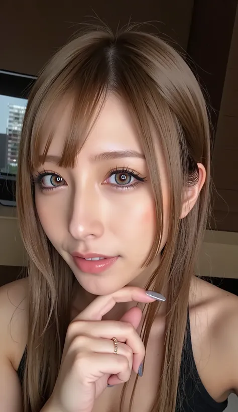 tilt your head back、Woman raising her chin, open your mouth slightly, smile, shot from above, bedRoom, Ultra Fine, super high resolution, masterpiece, (saliva dripping out of your mouth:1.3), Light Brown Hair,Bulma,score_9,score_8_ up,score_7_ up,  Super D...