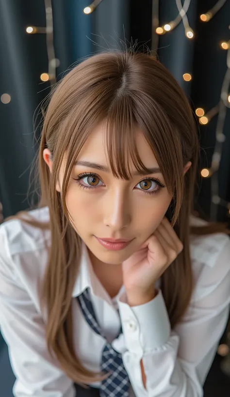 tilt your head back、Woman raising her chin, open your mouth slightly, smile, shot from above, bedRoom, Ultra Fine, super high resolution, masterpiece, (saliva dripping out of your mouth:1.3), Light Brown Hair,Bulma,score_9,score_8_ up,score_7_ up,  Super D...