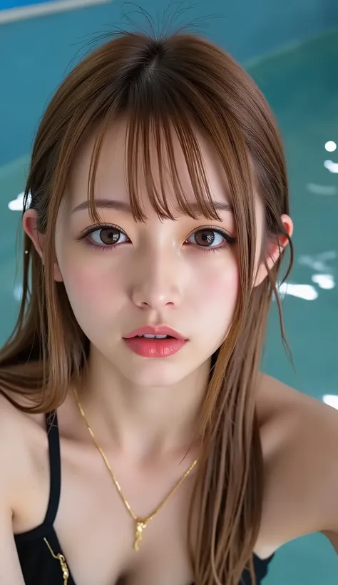 tilt your head back、Woman raising her chin, open your mouth slightly, smile, shot from above, bedRoom, Ultra Fine, super high resolution, masterpiece, (saliva dripping out of your mouth:1.3), Light Brown Hair,Bulma,score_9,score_8_ up,score_7_ up,  Super D...