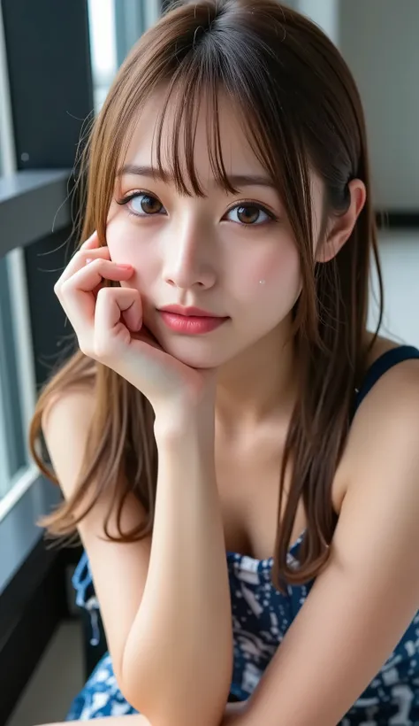 tilt your head back、Woman raising her chin, open your mouth slightly, smile, shot from above, bedRoom, Ultra Fine, super high resolution, masterpiece, (saliva dripping out of your mouth:1.3), Light Brown Hair,Bulma,score_9,score_8_ up,score_7_ up,  Super D...