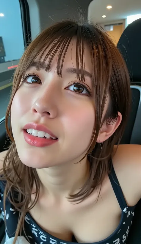 tilt your head back、Woman raising her chin, open your mouth slightly, smile, shot from above, bedRoom, Ultra Fine, super high resolution, masterpiece, (saliva dripping out of your mouth:1.3), Light Brown Hair,Bulma,score_9,score_8_ up,score_7_ up,  Super D...