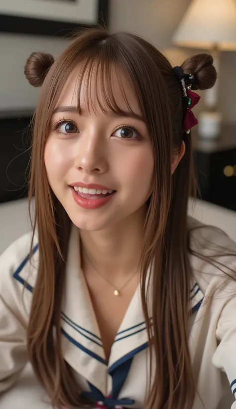 tilt your head back、Woman raising her chin, open your mouth slightly, smile, shot from above, bedRoom, Ultra Fine, super high resolution, masterpiece, (saliva dripping out of your mouth:1.3), Light Brown Hair,Bulma,score_9,score_8_ up,score_7_ up,  Super D...