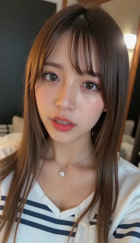 tilt your head back、Woman raising her chin, open your mouth slightly, smile, shot from above, bedRoom, Ultra Fine, super high resolution, masterpiece, (saliva dripping out of your mouth:1.3), Light Brown Hair,Bulma,score_9,score_8_ up,score_7_ up,  Super D...