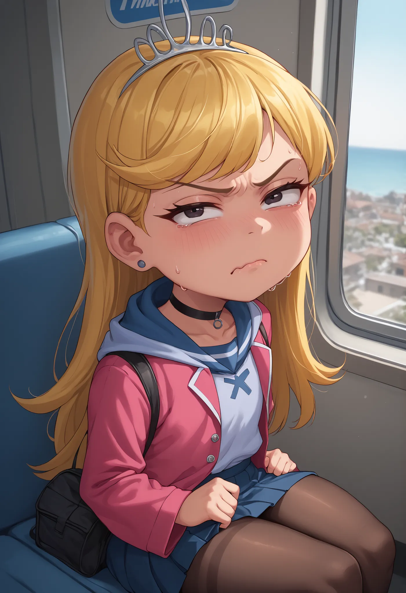 flat breasts. flat chest, skinny, huge hips, looking at viewer, 1o1a, blonde hair, tiara, Black eyes, earrings, necklace, choker. | (masterpiece), best quality, amazing quality, very aesthetic, high-res image, 8k, hi res,8k, award winning, (sharp focus, in...