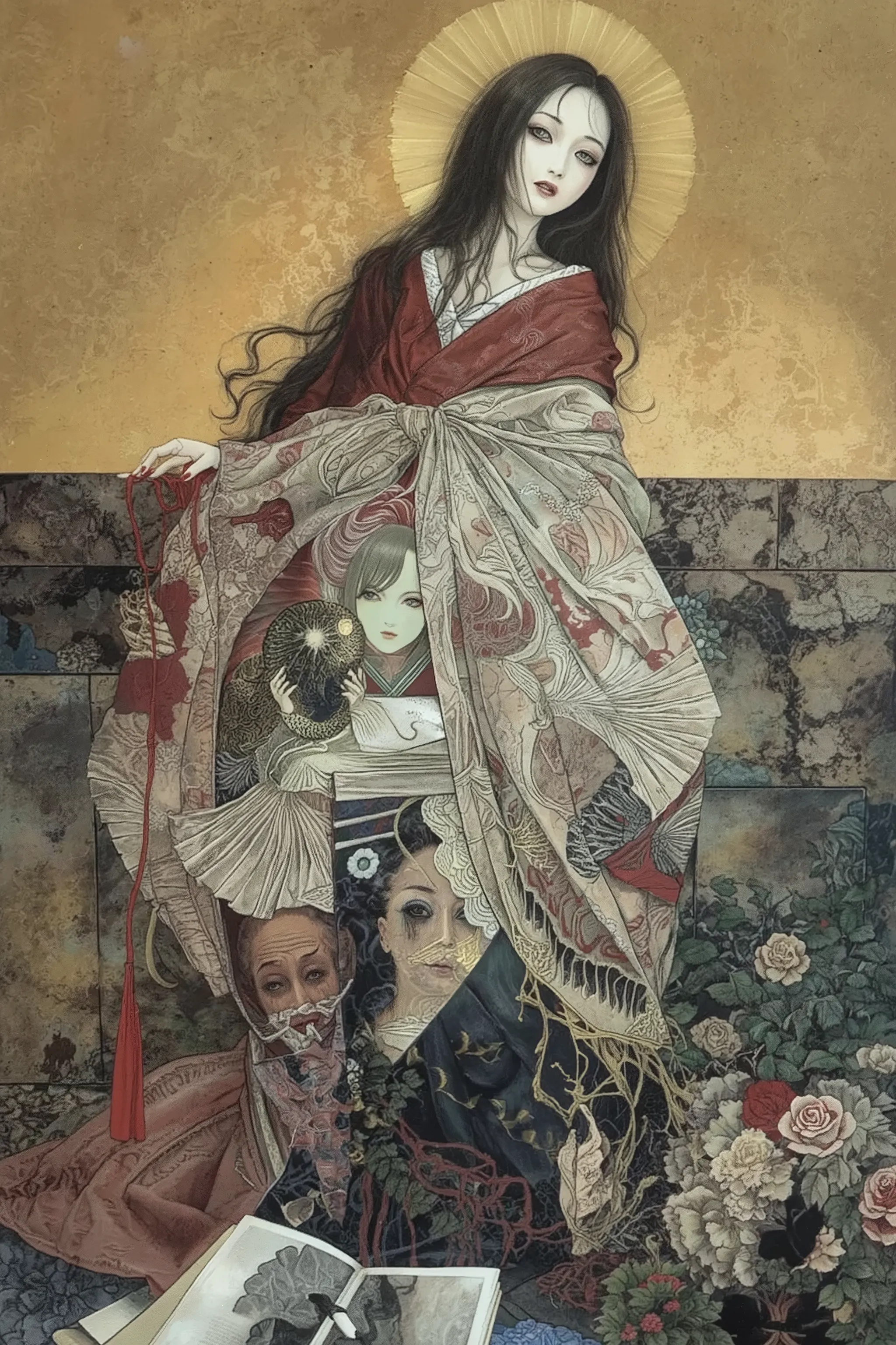 half beautiful face,half decay zombie face,grief,sadness,solitude,very messy long hair,,japanese woman,black hair,sadako,japanese horror,ghost,beautiful and scary,Look up from below,cursed,oiran,japanese old well,in old japanese,dramatic,horror,nihonga,Dep...