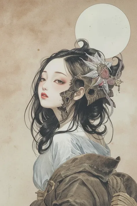half beautiful face,half decay zombie face,very messy hair,japanese woman,black hair,sadako,japanese horror,ghost,beautiful and scary,Look up from below,cursed,oiran,japanese old well,in old japanese,horror,nihonga,Depressive Black,shigerusudo illustration...