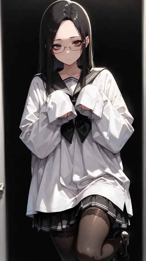 ,,JK,oversized shirt,Shelley Gee, (masterpiece, top quality, High precision in selection: 1.2), , Alone, (masterpiece, best quality:1.2),  baltolomeobari , Kiyomi , (1girl, solo), (long black hair, STRAIGHT HAIR, Forehead), brown eyes, (Serofu, lace fabric...