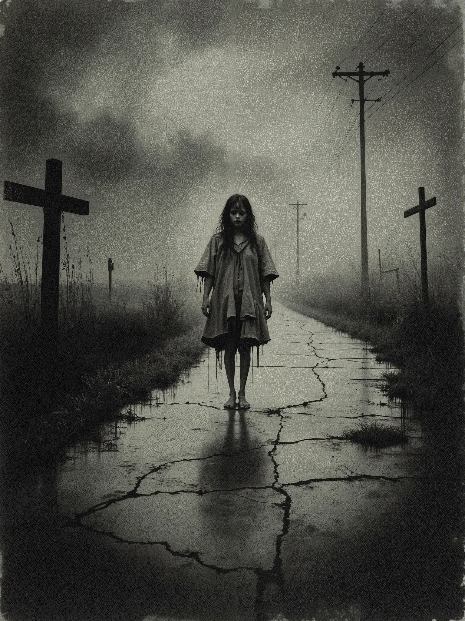 dark art, Nostalgic Scenery on a Country Road. A Young Ghost at the End of the Road (female hitchhiker), She Moves on Foot, She's a Spirit with a Transparent Spiritual Body, Wears a Pale White Shawl,  dark, at dusk, Gothic, She Appears Like a Ghost, She Ha...