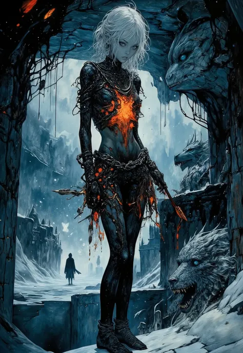 fictionalcasca, create an epic scene in the style of dark fantasy-Gothic surrealism: Young rebel Pandora, chained in crystal chains (crystal captivity), stands on the edge of an icy cliff (half a kingdom of ice). Flames pierce her chest (fire in my chest),...