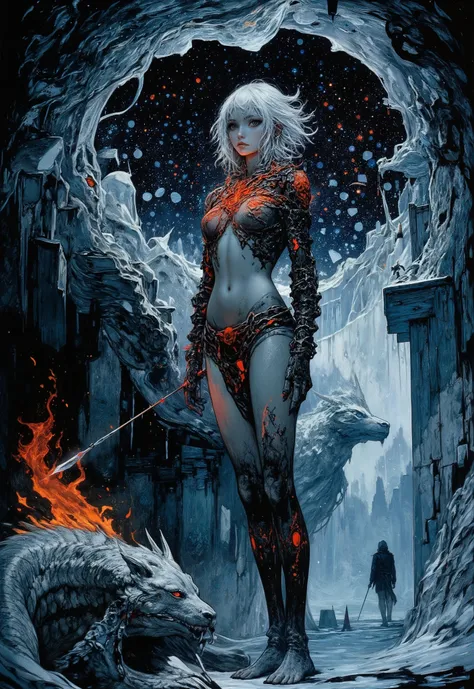 fictionalcasca, create an epic scene in the style of dark fantasy-Gothic surrealism: Young rebel Pandora, chained in crystal chains (crystal captivity), stands on the edge of an icy cliff (half a kingdom of ice). Flames pierce her chest (fire in my chest),...