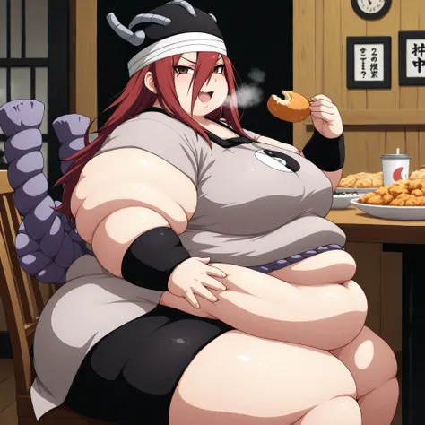 masterpiece, best quality, crsdrrm, red hair,  long bangs, hair between eyes, long hair, black eyeliner, brown eyes,  black hat, bandaged head, grey tunic, shimenawa, bracer, bike shorts,  short sleeves, hat ornament,  yin yang print,  1girl, solo, indoor,...
