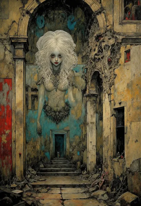 Surreal painting in the style of Zdislav Bekshinsky:An asthenic ghost girl with a pale face and dilapidated body, merging with the architecture of an abandoned Gothic cathedral. There are organic growths on the walls, dim light coming from cracks in the fl...