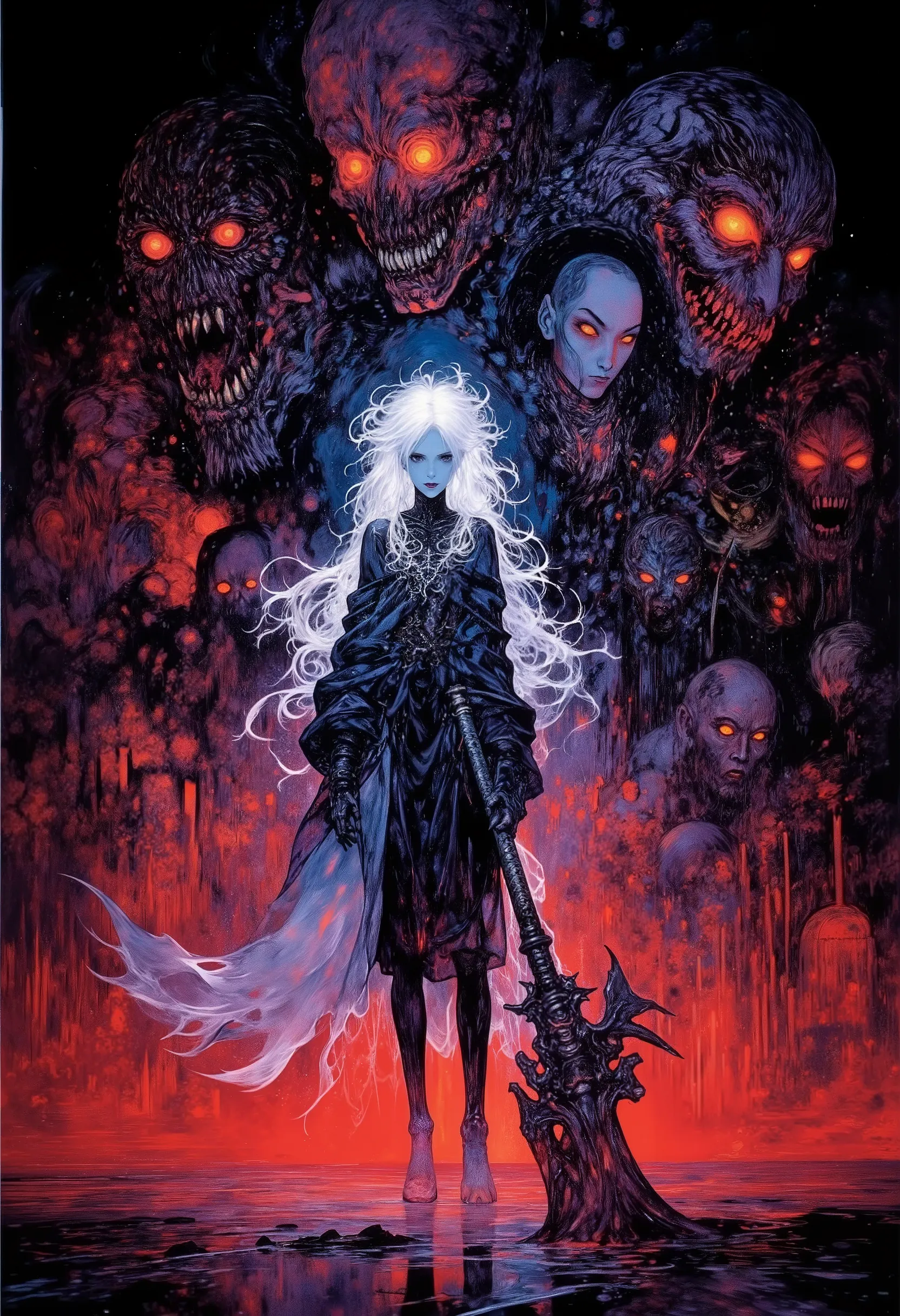 A vivid, fantasy-themed artwork featuring a central character, a male warrior, poised in a defensive stance amidst a chaotic, ethereal environment. He is dressed in a flowing robe and wields a large, menacing weapon. The scene is dominated by a rich palett...