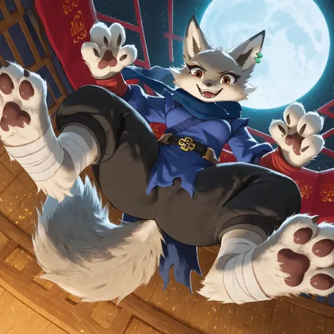 score_9,, source_furry, Furry , (((Kemono))),1gir ,zhen,brown eyes,two-tone fur, grey and white fur, no humans, sharp teeth, fox girl,fox ears,furry female,fox tail, perfect curvy small breasts, smile,  green ear piercing, jewelry, earrings, fluffy, fur, d...