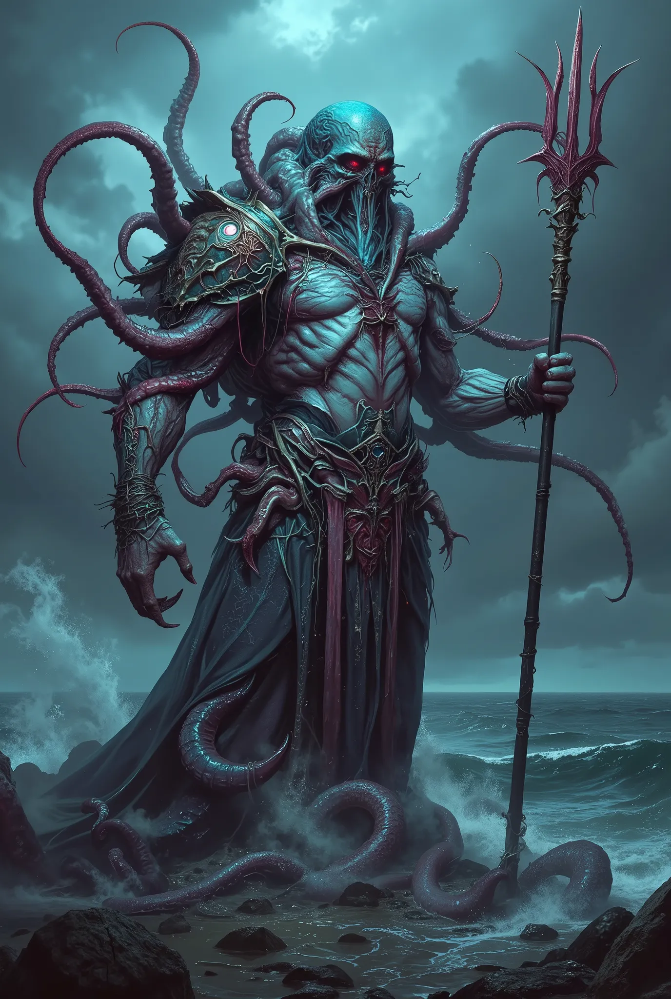 neon colored, (photos realistic:1.7), eldritch god of the deep sea, Cthulhu-inspired Poseidon, muscular humanoid with pallid, water-worn skin, wearing ancient oceanic armor with crustacean motifs, tentacles flowing from waist and back, holding a trident dr...