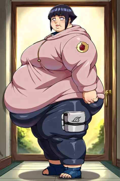 score_9, score_8_up, score_7_up, anime screencap BREAK,
1girl, hyuuga hinata, short hair, black hair, no pupils, blunt bangs, shiny hair, white eyes, hoodie, hood down, long sleeves, capri pants, forehead protector, standing, milf, mature, standing, giant ...