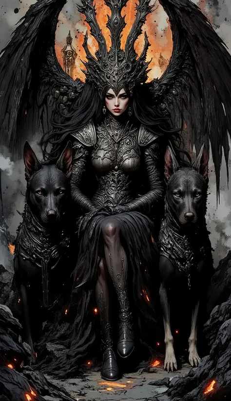 A dark, hyper-realistic fantasy scene featuring a seductive demonic queen seated on a massive obsidian throne adorned with skulls, spikes, and infernal detailing. She wears intricate, minimal black-metal armor that accentuates her powerful, curvaceous form...