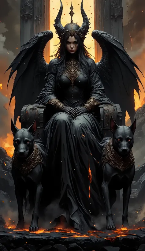 A dark, hyper-realistic fantasy scene featuring a seductive demonic queen seated on a massive obsidian throne adorned with skulls, spikes, and infernal detailing. She wears intricate, minimal black-metal armor that accentuates her powerful, curvaceous form...