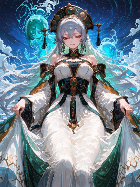 Royal the figure rises majestically under the starry sky,Empress, Jietian , dress adorned with a flowing dress in bright blue and green shades, elegantly going behind her. The dress is decorated with intricate,  eyes resembling , , and the design includes ...